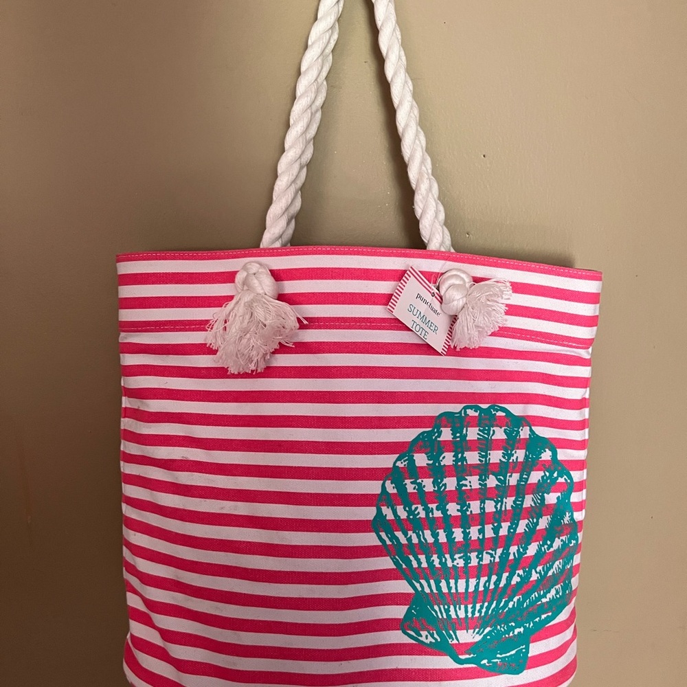 Totes Pink and White Striped Tote with Teal Shell